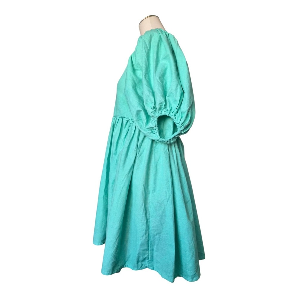 ELF Handmade 100% Linen Dress Puff Sleeve Babydoll Mint Green Bali Artisan NWT - Picture 3 of 8